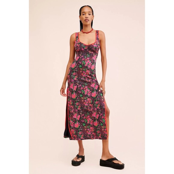 Free People Dresses & Skirts - Free People Clementine Floral Midi Dress M Pink Green Slit Sweetheart 90s Boho